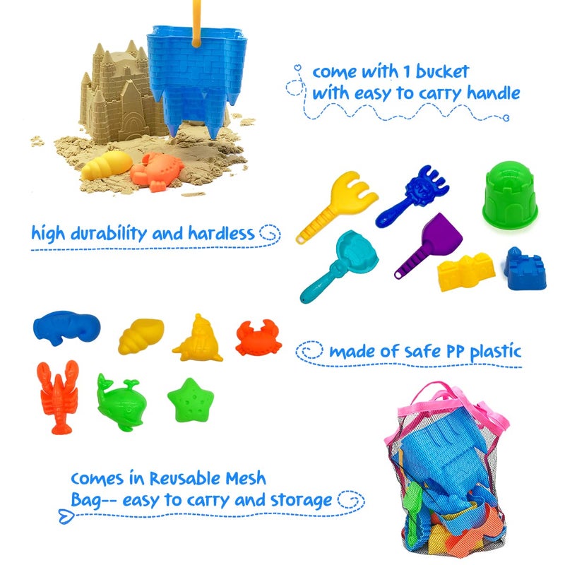 SupMLC Beach Toys 27 pcs Sand Toys, Sand Castle Building Kit for Kids - with Sand Bucket, Mesh Bag, Shovels and Rakes, Sandbox Toys for Toddlers Kids - Image 3